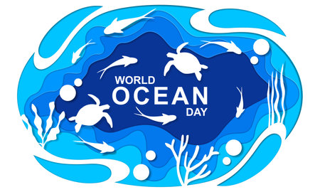 world ocean day poster template. Paper cut underwater sea background vector.のイラスト素材