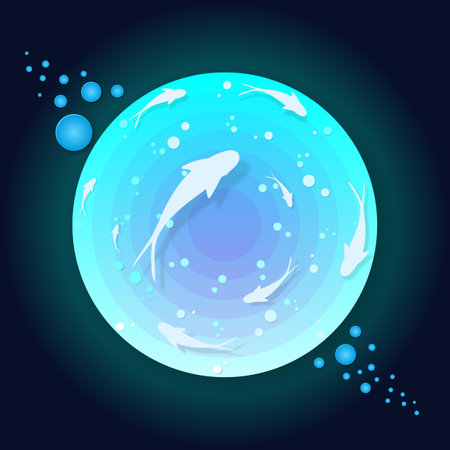 vector illustration world ocean day fish in circle ocean. Underwater world page layoutのイラスト素材