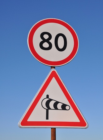 Traffic signs on background skyの写真素材