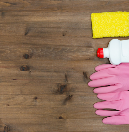 cleaning  concept.  Group of detergents on wooden tableの写真素材