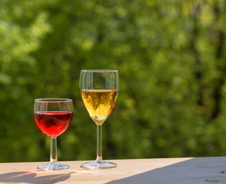 wine party outdoors. Two wine glasses.の写真素材