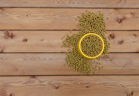 Cat food in bowl on wood backgroundの写真素材