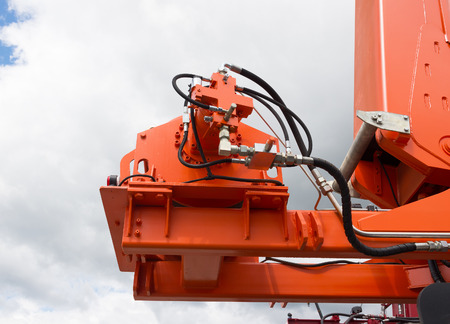 Elements of large mobile construction crane tower on sky backgroundの写真素材