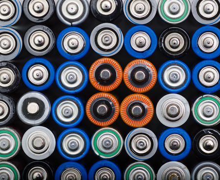 Closeup top view on rows of selection  old batteries aa sizeの写真素材