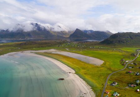 Panorama of the beach, and mountains of Lofoten, Norway. Aerial photo