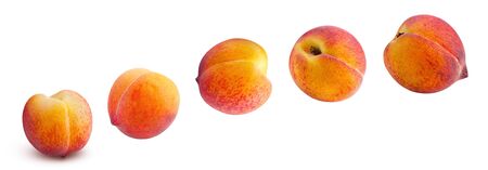 Set of Beautiful Peaches Flying in Air Over White Background Isolated Clipping Path. Delicious Ripe Fruits Falling. Healthy Food and Dieting Concept. Collection of Juicy Sweet Whole Peachesの写真素材