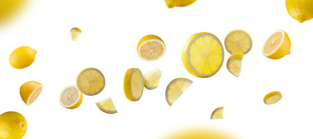 Set of perfectly retouched lemons, whole halves and pieces glow from inside isolated on white background. Lemons fly through space. Excellent retouching and full depth of field.の写真素材