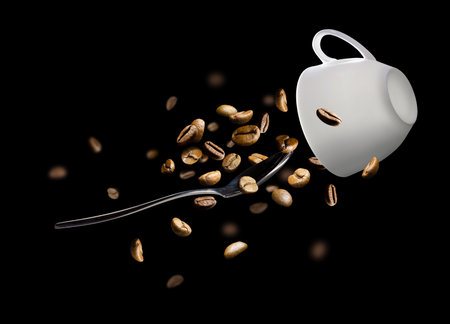 Coffee beans cup and spoon fly and levitate in space. isolated on blackの写真素材