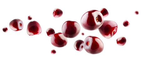 Excellent retouched cherry berries fly and levitate in space. selective focus. isolated on whiteの写真素材