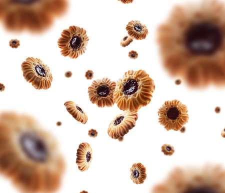 Shortbread with jam flies and levitates in space. selective focus. isolated on white.の写真素材