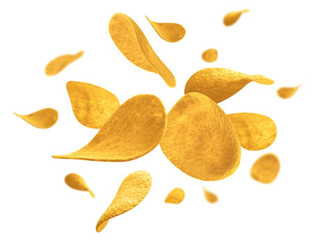 Potato chips fly and levitate in space. Surround light from behind. Selective focus. Isolated on whiteの写真素材