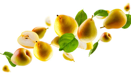 Excellently retouched pear halves and slices with leaves fly in space forming the shape of a chain. Volumetric light from behind. Isolated on whiteの写真素材