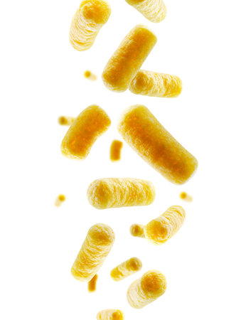 Corn sticks fall in space. Volumetric light from behind. Isolated on whiteの写真素材