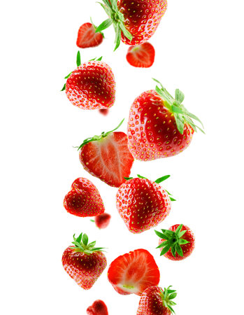 Excellently retouched whole and halved strawberries fall into space. Surround light from behind. Isolated on whiteの写真素材