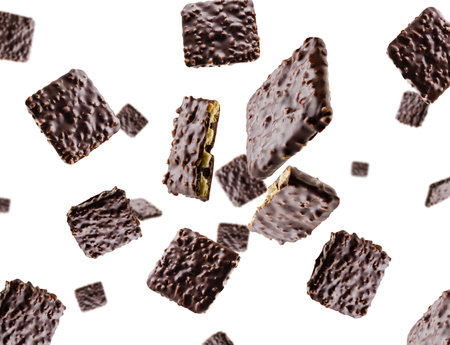 Cookies coated with chocolate and nuts fly and levitate in space. Surround light from behind. Isolated on white.の写真素材