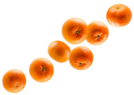 Whole unpeeled tangerines fly in space forming the shape of a chain. Volumetric back light. Isolated on whiteの写真素材