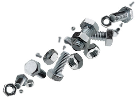 Set of bolts and nuts flies through space forming a chain shape. Isolated on whiteの写真素材