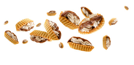 Two types of cream filled tartlets fly and levitate in space. Isolated on whiteの写真素材