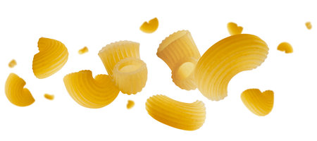 Beautifully retouched pasta flies in space forming a loop-like figure. Isolated on whiteの写真素材