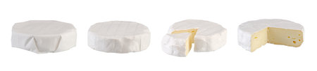Process of unpacking and cutting Camembert or Brie cheese. Cheese in paper, whole cheese circle and with parts cut out. Isolated on whiteの写真素材