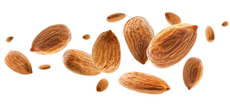 Whole almonds flying and levitating in space. Isolated on whiteの写真素材