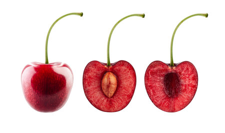 Three types of cherries with stems. Whole berry, half with core and half without core. Isolated on...