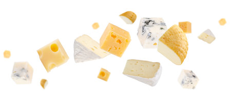 Pieces of cheese of various types. Maasdam, Camembert, Brie, smoked goat cheese, and regular cheese fly and levitate in space. Isolated on white.の写真素材