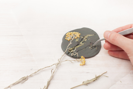 Crafts made of plaster. Creating forms and coloring. Place for the text.の写真素材