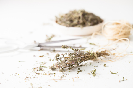Dried herbs in alternative medicine recipes on white. Copy space text.の写真素材