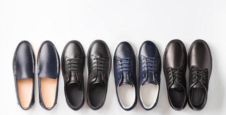 Dark men's fashion shoes on plain background. Top view. Copy space text.の写真素材