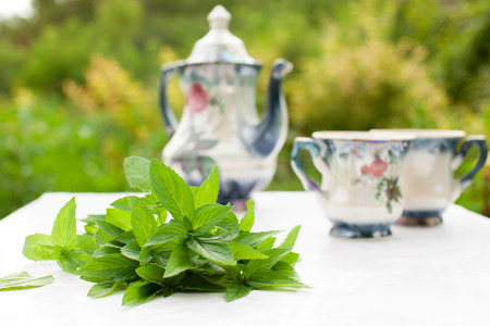 Cups and a teapot with a bunch of mint on the garden table.の写真素材