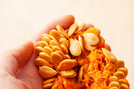 Raw pumpkin seeds in hand on wooden light background. Copy space text.の写真素材
