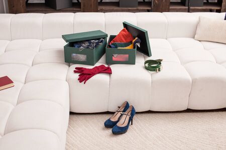 Boxes for storage in the interior of the apartment. Copy space textの写真素材