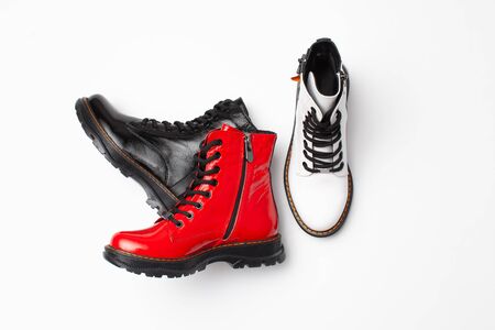Women's autumn shoes on white background. Flatley. Copy space text.の写真素材