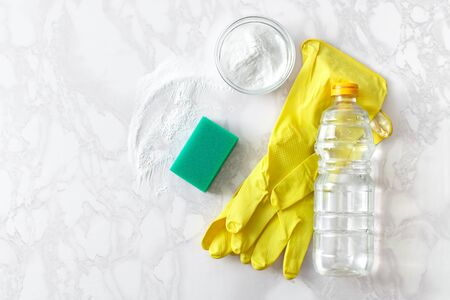 The concept of housework for cleaning kitchen utensils with eco-friendly food powder and vinegar. Copyspace textの写真素材