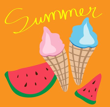 Vector cartoon bright funny ice cream cones and watermelon slices with the inscription summerのイラスト素材