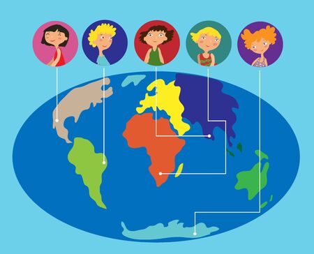 Vector of people avatars with signs location the location on the world map.のイラスト素材