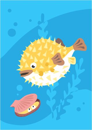 Vector image of fish hedgehog on blue with silhouette of waves and algaeのイラスト素材