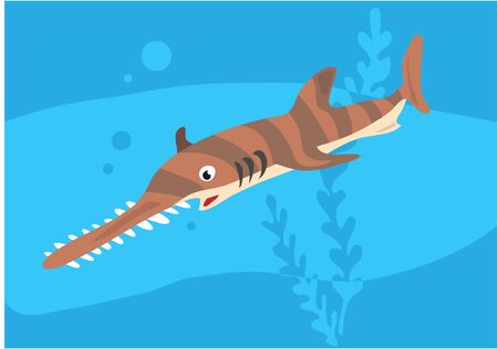 Vector image of fish sawfish on blue with silhouette of waves and algae.のイラスト素材