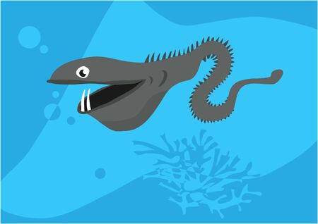 Vector of fish catfish on blue with silhouette of waves and algae.のイラスト素材