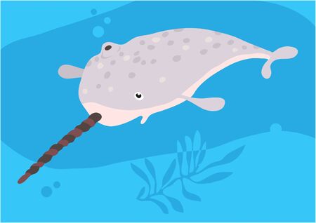 Vector of fish narwhal on blue with silhouette of waves and algae.のイラスト素材