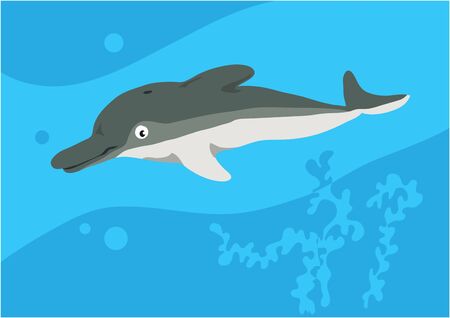 Vector image of fish dolphin on blue background with silhouette of waves and algae. Gift card for collecting for children.のイラスト素材
