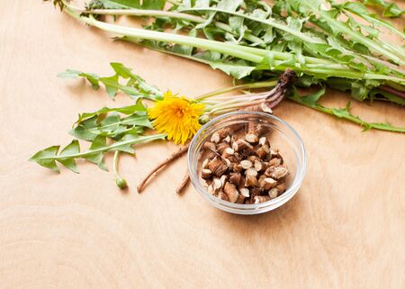 Top view of cut young dandelion roots with leaves and flowers on a wooden background for use in cooking, cosmetology and medicine.の写真素材