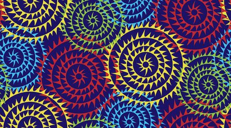 Vector pattern geometric yellow, red, blue and green circles with teeth on a darkのイラスト素材