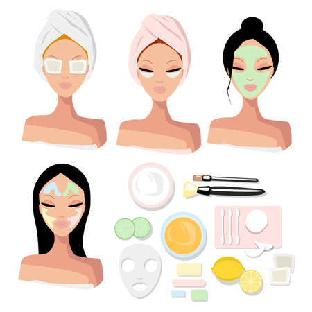 Vector set portrait of a girls with beauty procedures. Cosmetic face mask, patches, taping and items for skin care and preserving youthのイラスト素材