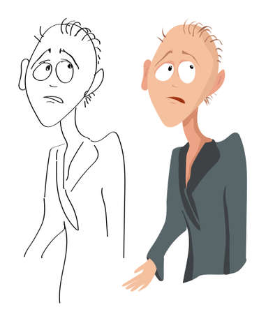 Vector cartoon portrait of a sad disappointed man with sparse hair in a dressing gown and his sketch on a white backgroundのイラスト素材