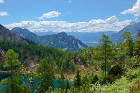 mountain landscape with lake and mountains, Tauplitzalm Austriaの写真素材