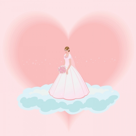 a beautiful young bride with a bouquet in pink dress, in a cloud with the heart in the backgroundのイラスト素材