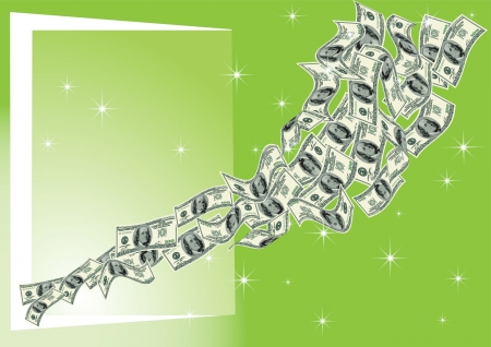 vector abstraction, banknotes dollars fly in the open door, on a green backgroundのイラスト素材