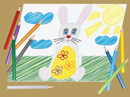 vector illustration with the image of  a child s drawing  the Easter Bunny egg and pencilsのイラスト素材